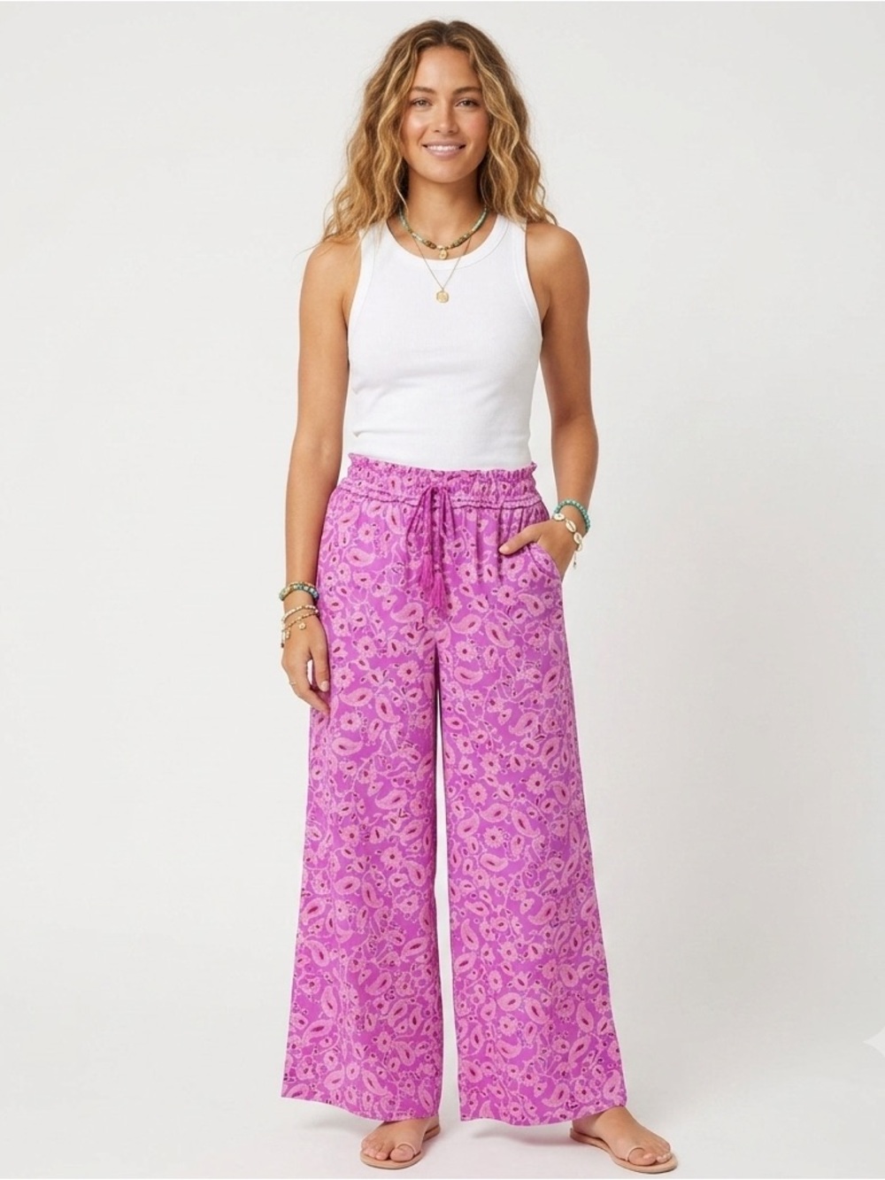 Knox Rose Pink Floral Boho Wide-Leg Pants With Pockets